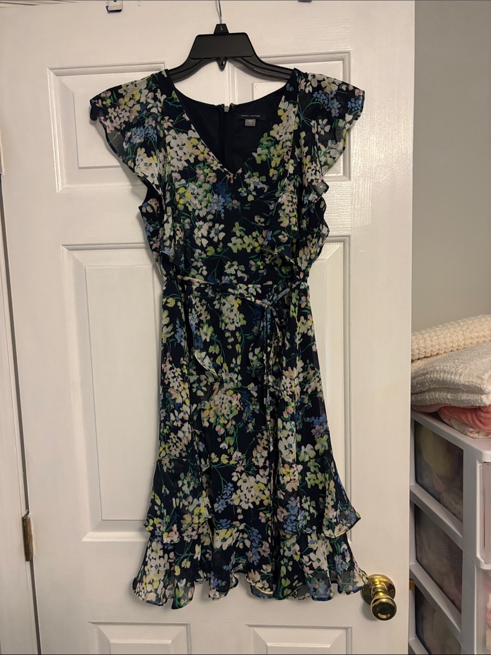 Tommy Hilfiger Navy Floral Midi Dress with Ruffle Details